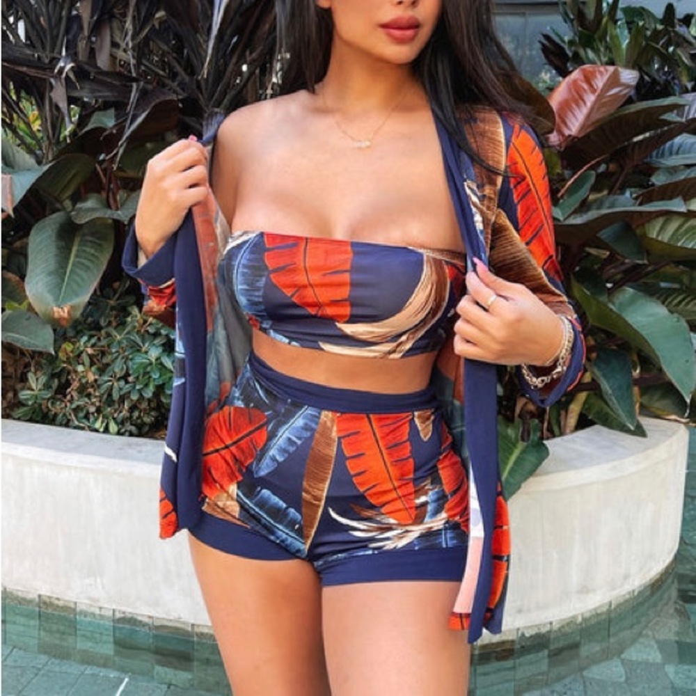 Fashion Nova Tropical Leaf Athletic Shorts Set - Blue and Orange